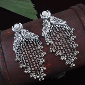 Stylish Antique Silver Plated Traditional Rear Spiritual <b>Peacock</b> Pearl Design Drop Earrings for Women Trendy Fashionable <b>Jewelry</b> - Product Image 1