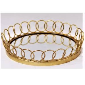 Plateau de service en métal en verre miroir doré fait à la main avec poignées pour la décoration de la maison et de l'hôtel plateau de miroir rond en métal de styliste - Product Image 1