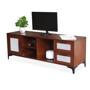 Luxurious Minimalist Wooden TV Console with Woven Rattan Mesh Door and Iron Legs 140x40x50cm-KTV68100 - Product Image 1