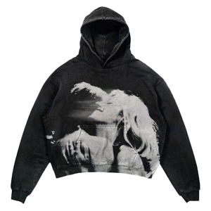 Sudaderas con capucha de ropa de calle de alta calidad para hombre Lavado ácido 100% Algodón Serigrafía Logo Pullover Sudaderas con capucha recortadas de gran tamaño para hombres - Product Image 2