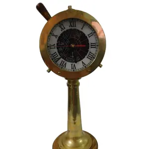 旧货重型黄铜船机舱电报航海时钟双面18.5英寸表罩工作钟和手柄钟。