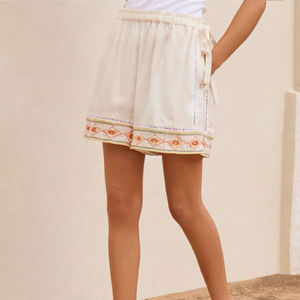 Women's Summer Boho Embroidered Breathable Eco-Friendly Cotton Shorts Elastic Waist Side <b>Tie</b> Tribal Hem Flat Front <b>Bow</b> ODM Made - Product Image 1