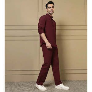 Amanush <b>Men's</b> Maroon Cotton Solid Co-ord Set Full Sleeve Mandarin Collar Kurta With Pants Casual Summer Daily Wear 2 Piece Set - Product Image 5
