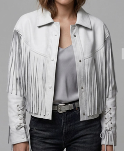 White PU Leather Jacket With Fringe And <b>Lace</b>-Up Sleeves Turn-Down <b>Collar</b> Casual Short Style Autumn Wear - Product Image 1