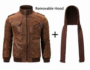 Chaqueta con capucha informal de motorista personalizada de alta calidad en cuero genuino Marrón Motocicleta Estilo clásico Chaqueta transpirable cuello alto - Product Image 2