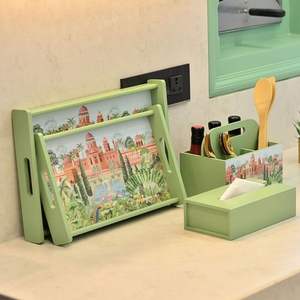 Ensemble de plateaux de service en bois vert faits à la main avec sous-verres assortis, imprimé éléphant royal, plat rectangulaire décoratif, table basse - Product Image 2