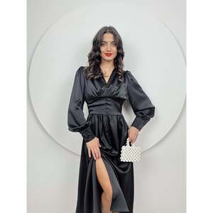 Vestido Midi de Satén Azul Saxe para Mujer, Marca missJANELL, con Escote Fruncido y Botones Frontales, Elegante Estilo Línea A de Poliéster para Fiesta - Product Image 1