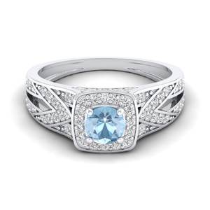 Anillos de Oro Sólido de 14K con Diseño Clásico REYES, Certificados por GRA, con Moissanita de Corte Redondo de 0.5 Quilates, Gema de Aguamarina, Joyería Fina - Product Image 1