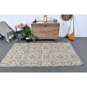 Vintage 3.9x7.1ft Beige Brown Wool <b>Rug</b> Handmade Classic Turkish Style Patchwork Rectangle with Latex Backing for <b>Bedside</b> - Product Image 1