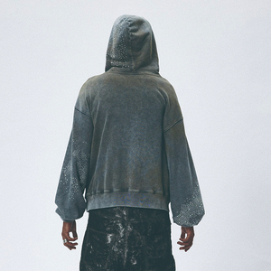 Sudadera con Capucha Corta Personalizada, Estilo Cuadrado, Tejido French Terry, Estampado Digital, Gruesa, con Pedrería, Lavado Ácido, Cierre de Cremallera - Product Image 3