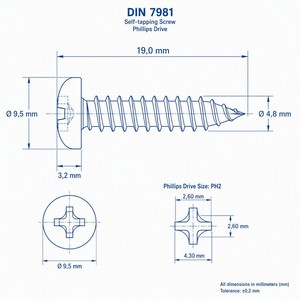 Viti autofilettanti a testa cilindrica Phillips DIN 7981 ISO 7049, in acciaio inox SS410 zincato, per lamiera, 4.8x19mm, direttamente dalla fabbrica. - Product Image 3
