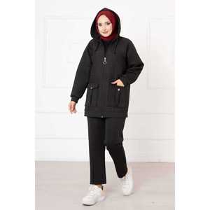 Conjunto de Dos Piezas Acolchado con Capucha Negra, Ropa Casual de Invierno y Otoño con Top Corto y Pantalones Cortos, Talla XS - Product Image 1