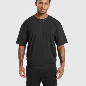 Kaus ukuran besar bahu bawah kualitas Premium untuk pria kaus polos hitam simples o-neck kaus kebugaran gym polos untuk pria