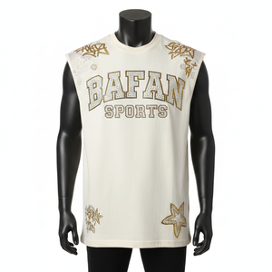 T-shirt 100% coton pour homme, coupe ample, imprimé, t-shirt sans manches en maille polyester de haute qualité, couleur crème, strass, logo personnalisé - Product Image 6