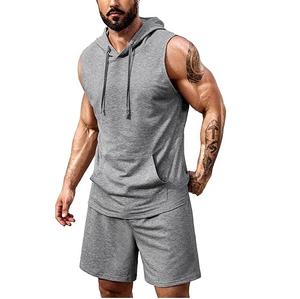 Jogging en molleton de coton 100% pour hommes, vêtements de sport respirants, deux pièces, survêtements avec short à capuche, vêtements de course décontractés de couleur unie - Product Image 3