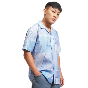 Wholesale Top Quality Light Blue Printed Men's Casual Shirt Short Sleeve Button Up Turn-Down Collar Boxy Fit Summer Weary - Product Image 2