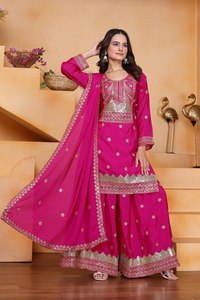 Ensemble Salwar Kameez Dupatta en Georgette de Soie Brodé Trois Pièces avec Magnifique Col Rani Coloré pour Mariage et Fêtes, pour Filles Adultes - Product Image 3