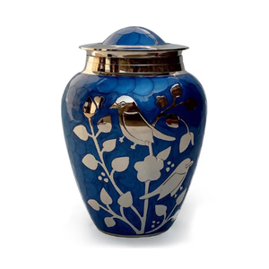 Urne funéraire décorative bleue pour cendres, en métal, avec motif d'oiseau et de fleurs, élégante urne souvenir - Product Image 1