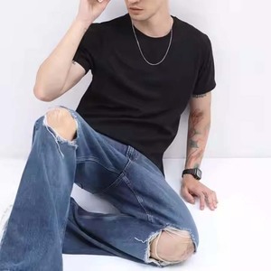T-shirts pour hommes en coton 100% poids lourd, logo personnalisé, séchage rapide, col doux, coupe régulière, manches courtes, t-shirts à col contrasté, motif de lettres - Product Image 3