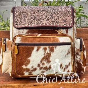 Nueva bolsa de pañales de gran tamaño de cuero tostado personalizada para ocultar el pelo, mochila de cuero de vaca hecha a mano occidental para mujer - Product Image 1