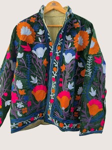 Veste en velours brodée florale bohème, col mandarin, manches longues, grande taille, vêtements d'extérieur pour femmes, automne, décontracté - Product Image 1
