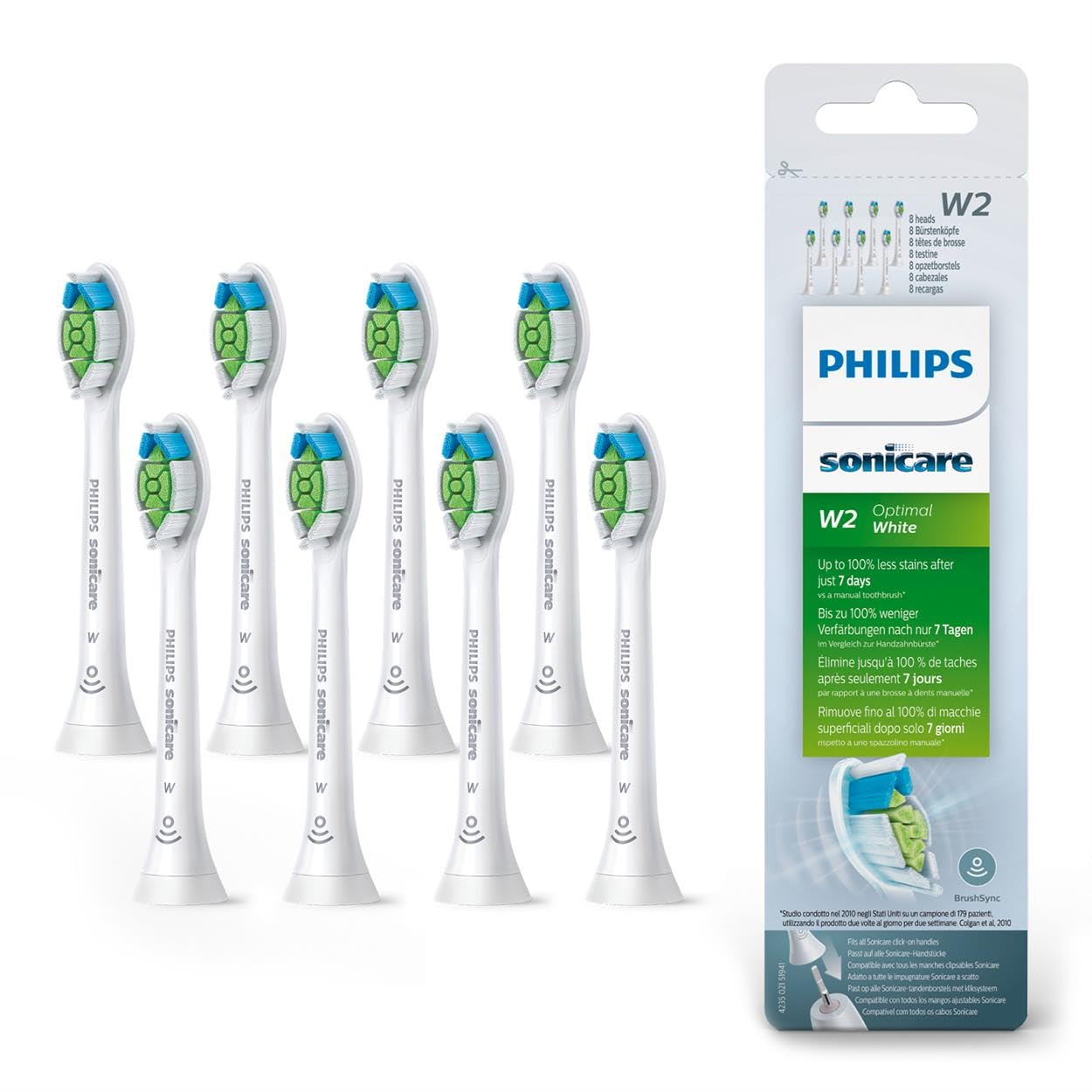 Насадки для зубных щеток Philips Sonicare HX6068/12, оптимально белые, удаляет до 2 раз больше обесцвечиваний, стандартная упаковка из 8 штук, белая
