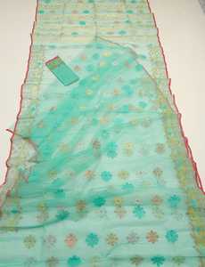 Exclusivo nuevo Deshi Dhakai Jamdani Sharee calidad de exportación para mujeres JAMDANI tela azul verde dorado cielo azul de Bangladesh - Product Image 5