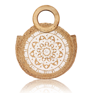 Sac fourre-tout bohème en jute pour femme avec poignée en bois, motif uni, pour usage quotidien, plage d'été, écologique, fermeture ouverte - Product Image 5