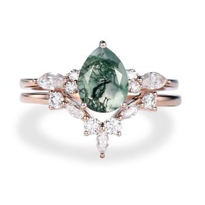 Anillo de Plata de Ley 925 con piedras preciosas de ágata y musgo de pera, banda de boda, banda de plata de ley para mujer - Product Image 1
