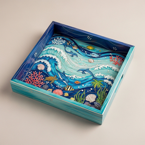 Plateau de service en bois artisanal indien Meena fait à la main, motif vagues océaniques et dauphins, décoration de luxe, biodégradable et écologique - Product Image 1