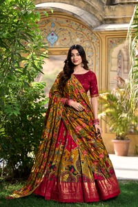 Tissu de soie Tussar de qualité supérieure Navratri Choli avec feuille imprimée Lehenga avec impression Kalamkari pour le prochain festival de Navratri - Product Image 2