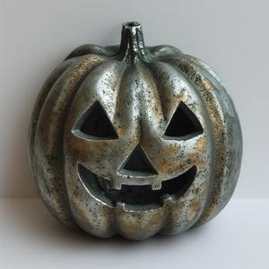 Bougeoir citrouille en aluminium fabriqué à la main, surface patinée polie avec soin, rayonnant d'une lueur festive et chaleureuse pour Halloween - Product Image 5