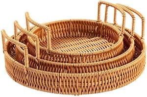 Ensemble de 3 plateaux de service pour hôtels et fêtes Forme ronde Fournitures de couleur marron Plateau de service en aluminium au design unique avec poignées - Product Image 2