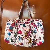 Tas Duffle katun India untuk wanita, tas selimut motif bunga Bohemian ringan motif macan tutul untuk musim panas musim dingin bepergian pantai