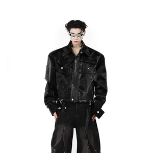 10611 # 鳄鱼纹pu皮夹克男士拼接设计感外套男士加厚肩高级夹克上衣加大码y2k