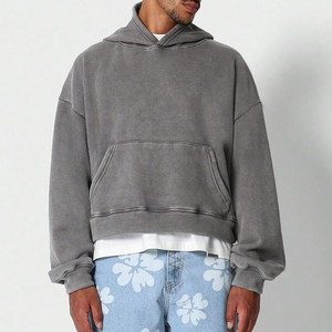 Vente en gros de sweat à capuche surdimensionné avec poche pour hommes de qualité supérieure 100% coton délavé pull sweat côte manchette épaule tombante coupe courte - Product Image 3