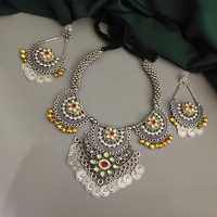 Collier Hasli bicolore oxydé traditionnel indien de haute qualité avec boucles d'oreilles pour femmes idéal pour les festivals tenue décontractée
