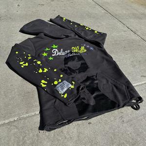 High Quality <b>Men</b> <b>Black</b> Cut Edge Raw Hem Custom Distress Puff Print Hoodie 500Gsm basic cotton blended <b>hoodies</b> <b>men</b>, <b>men's</b> <b>hoodies</b> - Product Image 4