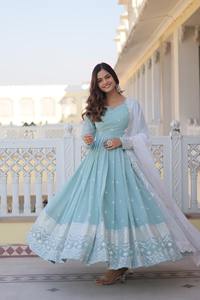 Robe Anarkali de créateur dernier cri en fausse georgette brodée, costume à motifs imprimés pour femmes, robe de mariage en organza pour adultes - Product Image 5