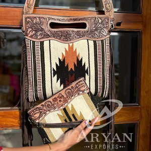 Wholesale Hand Tooled Leather Saddle <b>Blanket</b> Tassel Handbag Stylish Hand Carving Leather Saddle <b>Blanket</b> Wallet Women Combo Set - Product Image 1