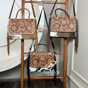 Lujo al por mayor de tendencia de las mujeres logotipo personalizado mano Tooled cuero bandolera Vintage cuero genuino de vaca flecos bolsos - Product Image 1