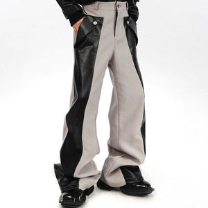 Pantalons cargo à jambes larges décontractés à coutures en cuir PU assortis à la couleur personnalisée pour hommes en gros - Product Image 2