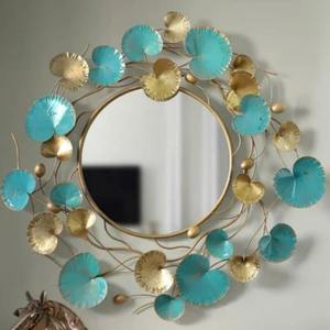 Miroir mural en métal floral bleu et or Art Déco personnalisé élégant pour la décoration de la maison, mariage, salon et chambre à coucher - Product Image 1