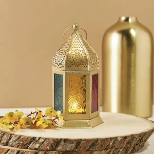 Handmade Ramadan and Eid Decoration Mini <b>Moroccan</b> Hanging Lanterns Metal Gold with Colored Glass Floor Lanterns - Product Image 5