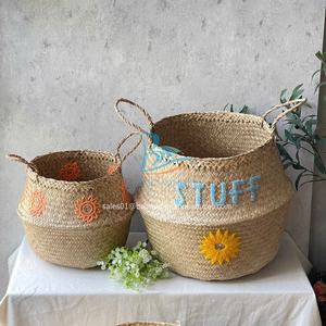 2025 Hottest Style Cute Colorful Hand Embroidery Natural Color Seagrass <b>Belly</b> <b>Basket</b> Seagrass Foldable Woven Storage <b>Basket</b> - Product Image 3