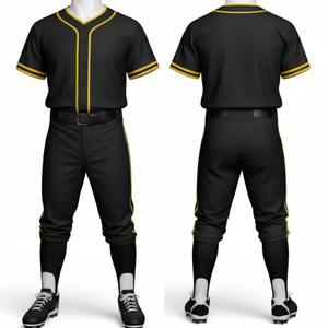Uniforme de Béisbol Negro y Dorado OEM, Jersey Tradicional con Botones Completos y Ribete en Contraste, Conjunto de Pantalones Deportivos de Alto Rendimiento - Product Image 1
