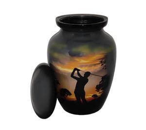 Urna Funeraria Pequeña de Aluminio para Cenizas Humanas, Diseño Encantador de Golfista, Tapa con Rosca Segura, 6 Pulgadas de Alto, 40 Pulgadas Cúbicas - Product Image 3