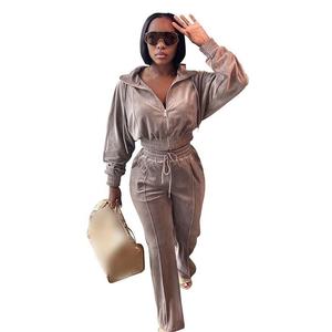 Ensemble de survêtement en velours pour femmes sur mesure, marque privée, deux pièces, sweat-shirt à capuche, jogging long, décontracté, tendance, logo vintage - Product Image 4