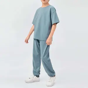 Conjunto de camiseta y pantalones de chándal para niños, chándales informales de color azul polvoriento, con logotipo personalizado, dos piezas