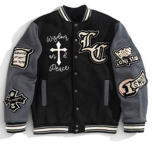 เสื้อแจ็กเก็ตเบสบอลแบบวิทยาลัยของผู้ชายเสื้อนอกด้านหน้ามีฮู้ดแขนสีเทาผ้าคอตตอน100% สองโทนสำหรับฤดูหนาว - Product Image 1